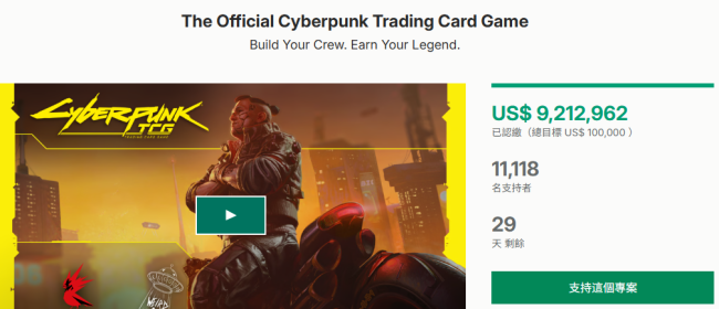《赛博朋克2077》衍生卡游众筹爆火 一天获得920万美元支援