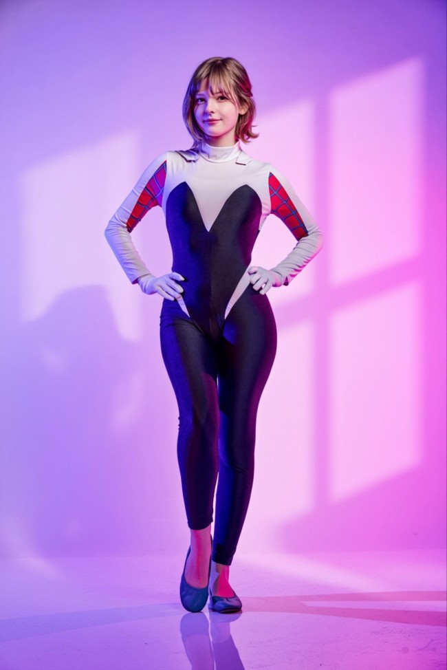 《生化4》艾什莉脸模Cos蜘蛛格温 白黑连体服显身材