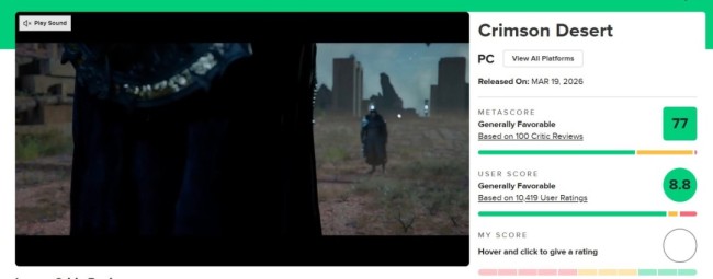 《红色沙漠》M站玩家评分超过《宝可梦Pokopia》成为年度第二