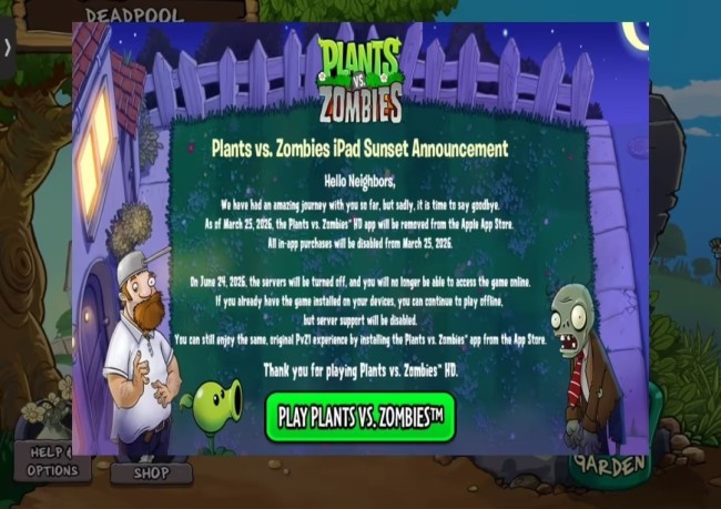 《植物大战僵尸HD》将于6月停服 发售17年后落幕