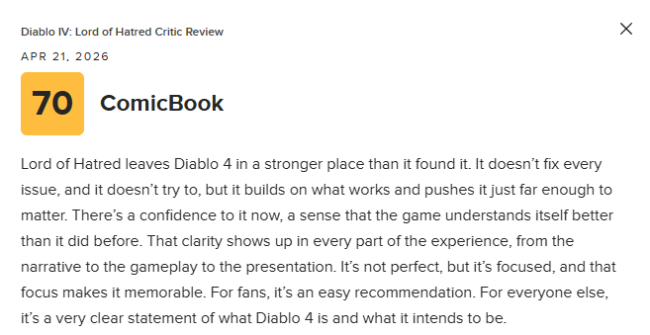 《暗黑破坏神4：憎恨之王》M站评分82分：剧情和新职业好评 但有瑕疵