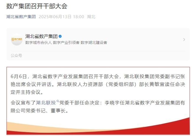 李晓宇任湖北省数字产业发展集团有限公司党委书记、董事长