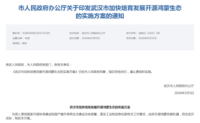 武汉发力开源鸿蒙生态建设，到2027年落地100个开源鸿蒙示范场景