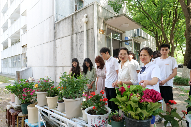 挖呀挖,种呀种 宿管阿姨带着学生在楼门口整了个“大活儿”