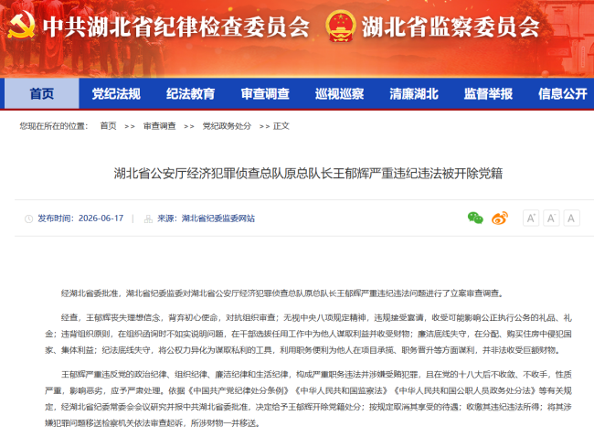 湖北省公安厅经济犯罪侦查总队原总队长王郁辉严重违纪违法被开除党籍