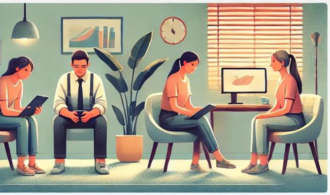 DALL·E 2024-11-27 18.32.15 - A series of scenes illustrating depression testing scenarios. The first image shows a calm counseling room with a client sitting comfortably, filling (1)(1).jpg