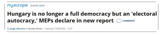 歐洲議會稱匈牙利已非“完全民主” 網民嘲諷稱，歐洲議會對于民主的定義：遵從美國霸權