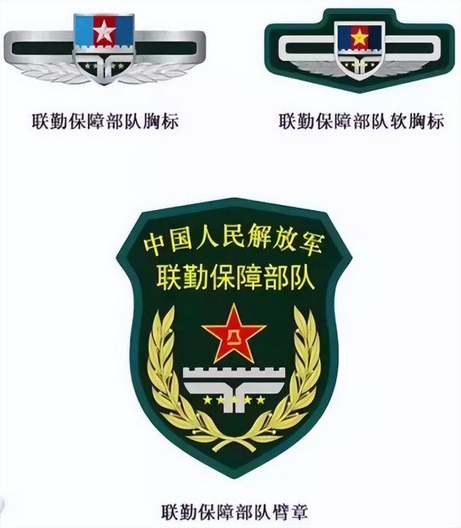 ▼和託舉的雙手構成由軍徽,五星,長城垛口主體圖案聯勤保障部隊的胸標