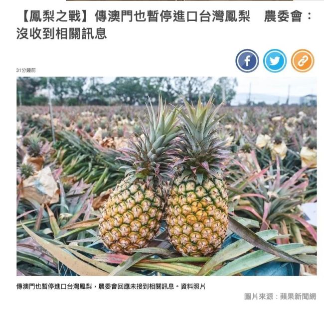 媒体：大陆暂停输入台湾凤梨后 澳门也拒收了