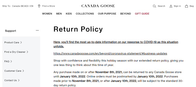 加、美、英加拿大鹅官网：线上线下可实现30天退货