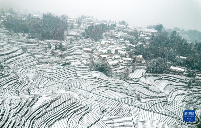 12月26日在湖北省秭归县花果园村拍摄的雪景（无人机照片）。