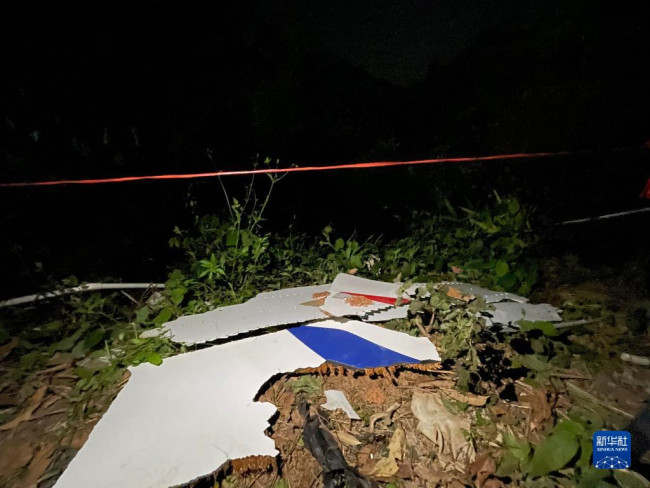 这是广西藤县坠机事故现场散落的飞机残骸。（3月22日摄，手机照片）