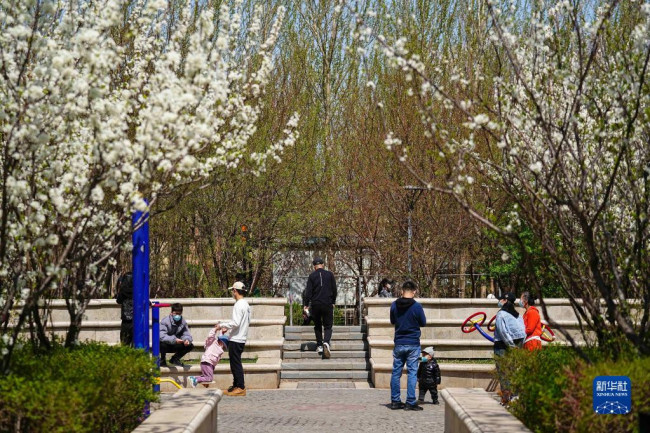 4月27日，在长春市一处居民小区，居民外出活动。