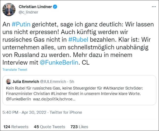 德国财政部长克里斯蒂安·林德纳推文截图
