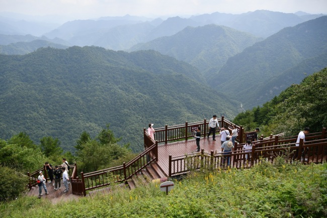 7月30日，游客在留坝县紫柏山国家森林公园内游览。
