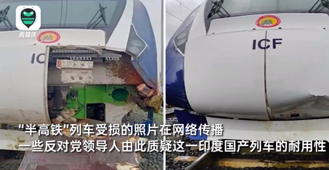 印度"半高铁"列车撞牛受损
