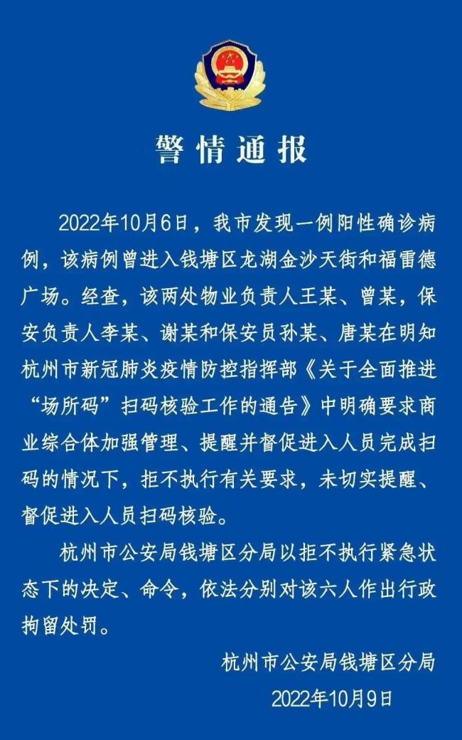 杭州两商场未落实进入人员扫码核验 6人被拘