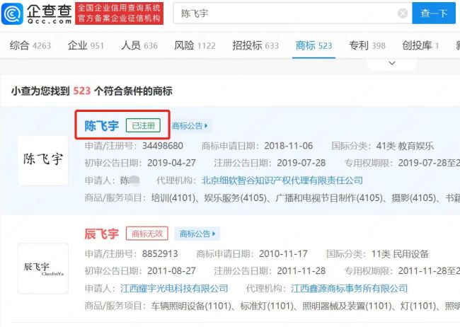 陈飞宇和阿瑟商标均已被抢注 分类包括燃料油脂、日化用品、厨房洁具等