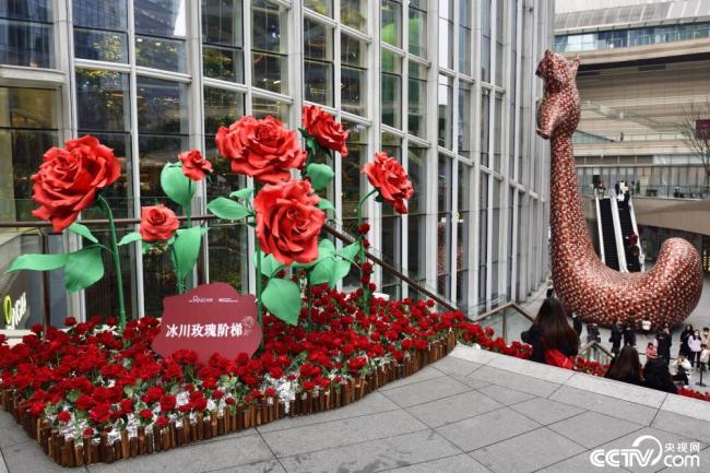 重庆：万朵红玫瑰扮靓商场阶梯