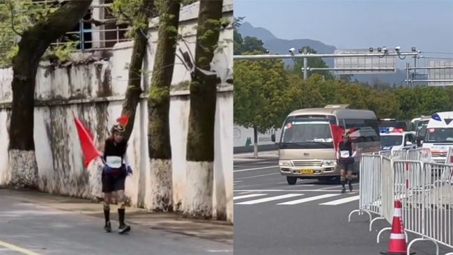 71岁大爷跑马拉松 警车救护车跟后面 跑出了背后有国家的感觉