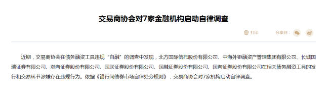 涉嫌存在违规行为，7家金融机构被交易商协会启动自律调查