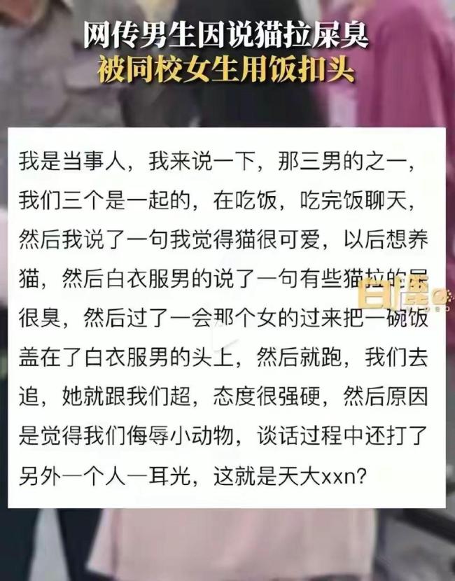 离谱！男生因说猫拉屎臭 被同校女生用烤鸭饭扣头掌掴
