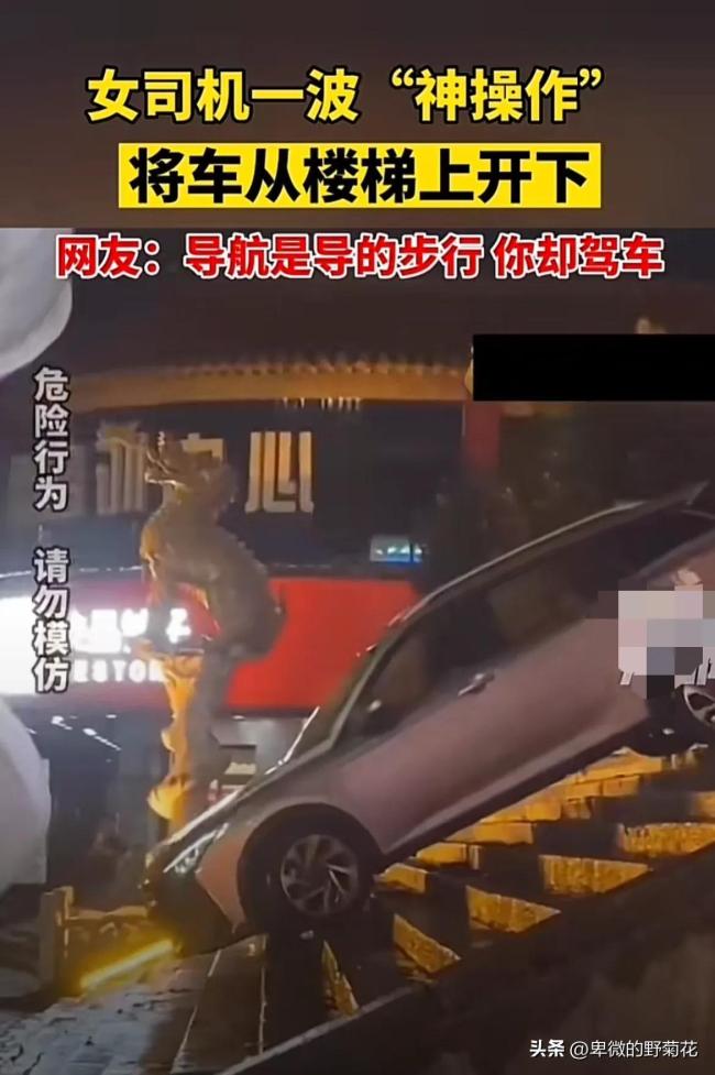 女司机一波“神操作”，将车从楼梯上开下，完美落地，惊呆路人！