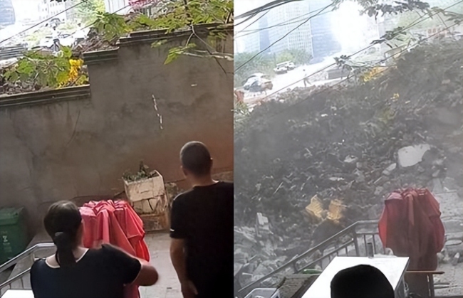 男子见围墙开裂提醒行人走快点,随后整片倒塌母女成功躲过一劫
