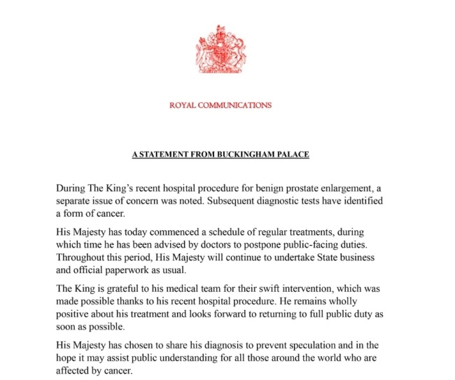 英国国王查尔斯三世被确诊患有癌症