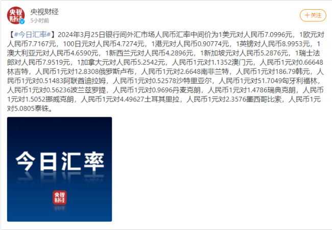 人民币兑美元中间价报7.0996