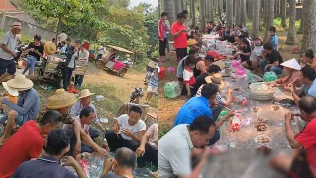 清明祭祖拜山后，家人们席地就餐，美食琳琅满目任众人挑选