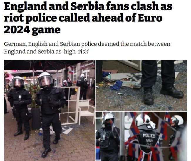 没开球先开打！英格兰塞尔维亚球迷赛前爆发冲突，现场椅子玻璃瓶乱飞