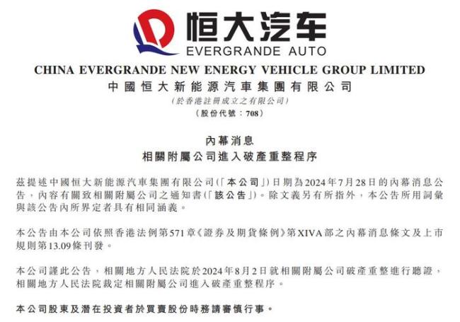 恒大汽车：相关附属公司进入破产重整程序