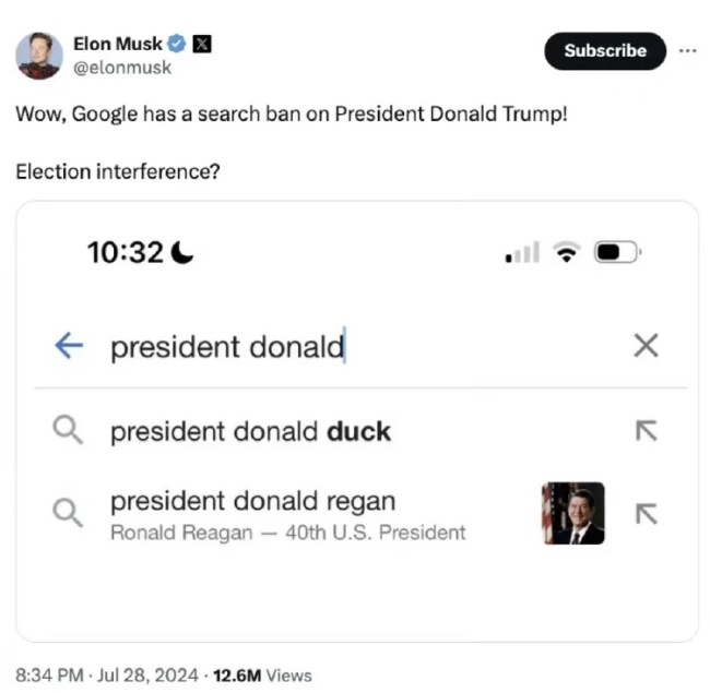 马斯克称谷歌对特朗普实施禁令 搜索结果现“唐老鸭”