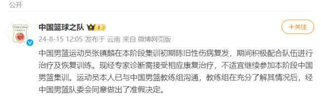 💰欢迎进入🎲官方正版✅张镇麟因伤退出中国男篮集训 陈旧性伤病复发需康复  第1张