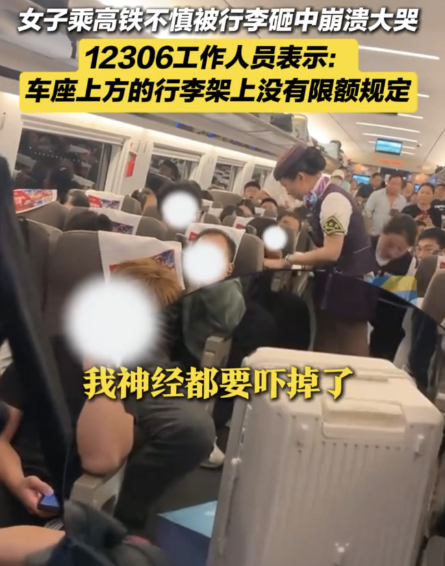 女子乘高铁被行李箱砸中崩溃大哭 旅客应谨防行李滑落