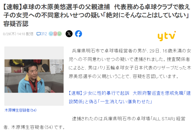 乒乓世界亚军父亲被逮捕，日媒：涉嫌猥亵犯罪，被害人未满16岁