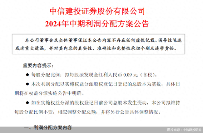 中信建投证券：中期分红6.98亿元，惠及全体股东