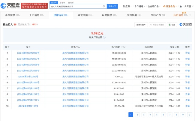 4S店巨头庞大汽贸陷入债务危机：新增执行标的1.7亿余元，被执行总金额超5.6亿