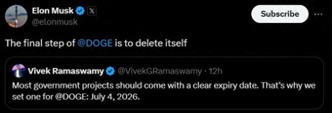 马斯克：政府效率部最后会删除自身