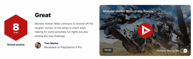 IGN US《怪物獵人：荒野》評測8分：一如既往的爽快戰(zhàn)斗體驗(yàn)