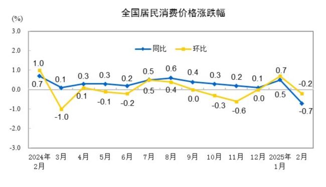 2025年2月份居民消費(fèi)價(jià)格同比下降0.7%