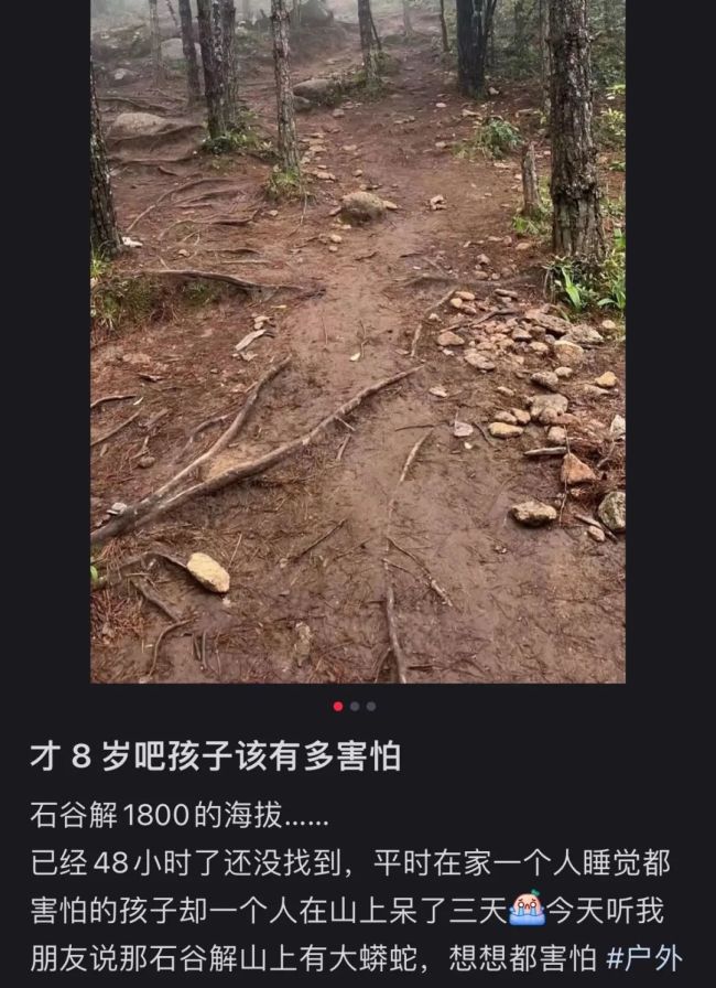 8歲男孩在山中走失已超48小時(shí),，有游客曾偶遇