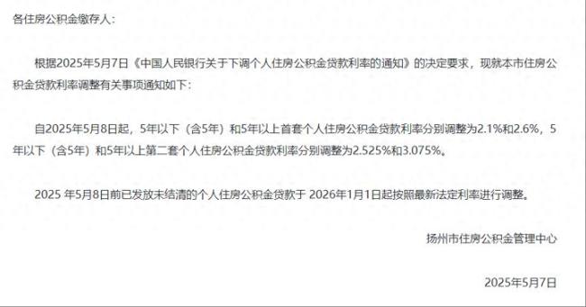 扬州下调个人住房公积金贷款利率
