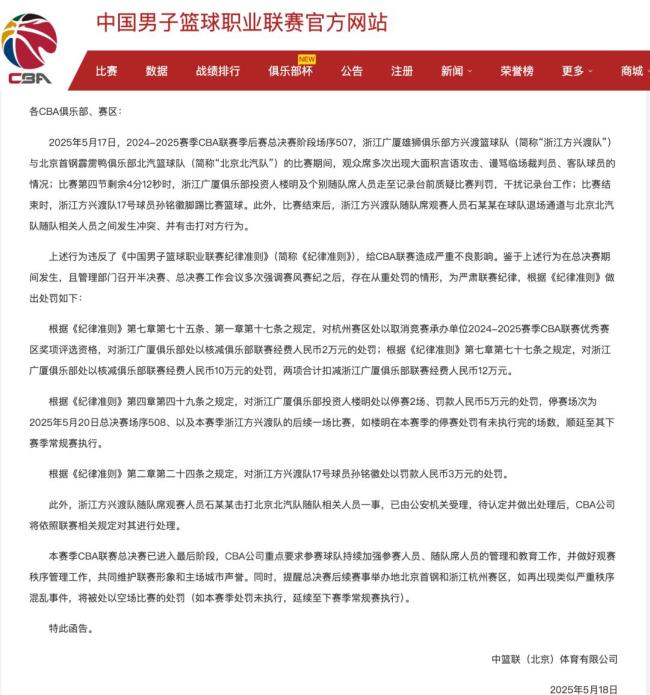 季后赛最重罚单仍被“网开一面” 孙铭徽仅罚款不停赛