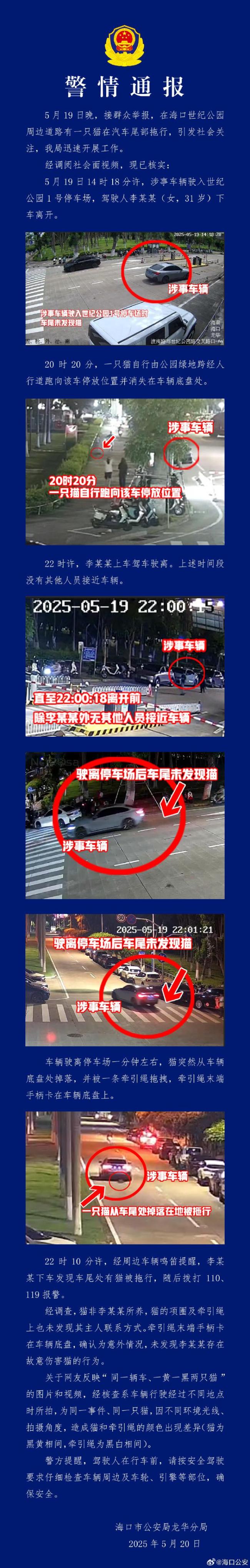 官方通報海南一汽車拖行小貓