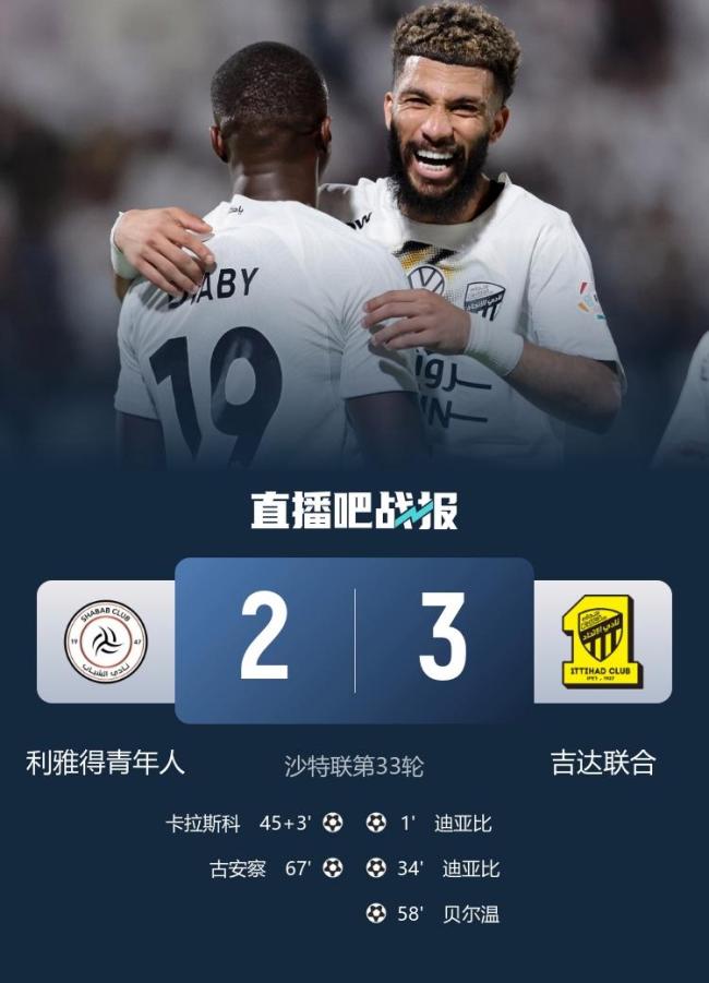 沙特聯(lián)：吉達(dá)聯(lián)合3-2利雅得青年,，迪亞比雙響，貝爾溫傳射