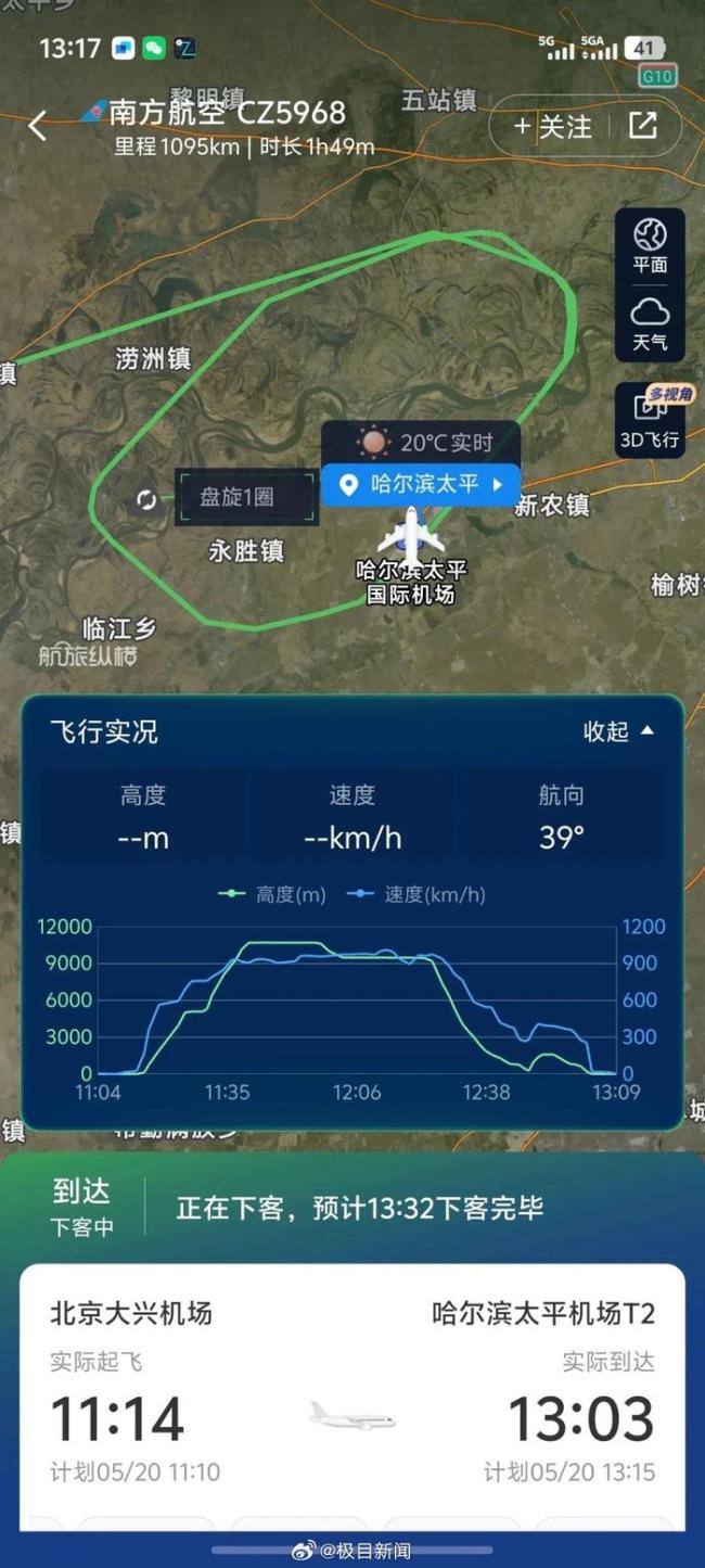 北京飛哈爾濱客機(jī)觸地復(fù)飛空中盤旋 最終平穩(wěn)落地