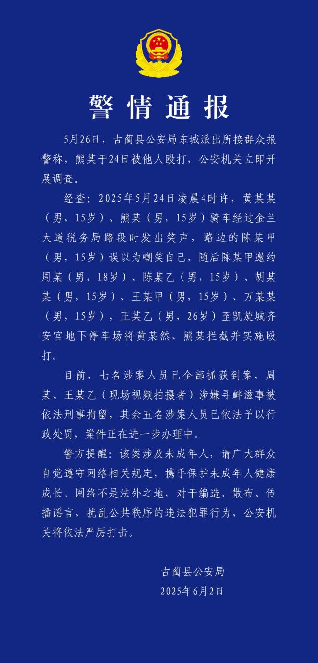 7人停車場(chǎng)毆打未成年 警方：全部抓獲