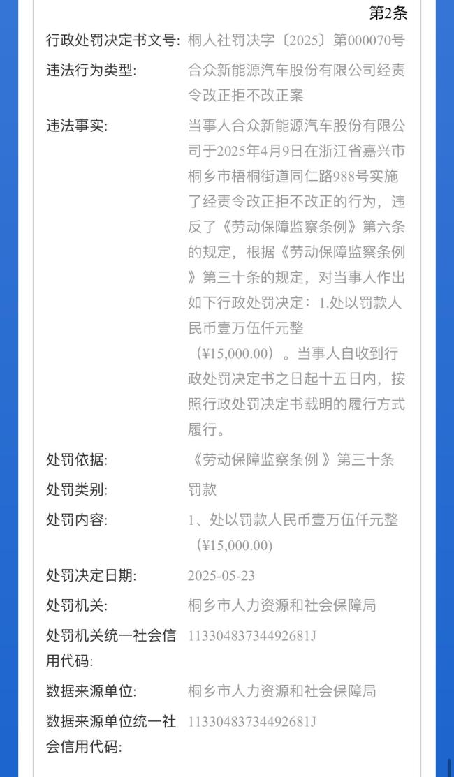 哪吒汽車被罰3.3萬(wàn)元 勞動(dòng)違規(guī)拒不改正